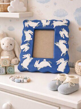 Patricia Dupont Vintage Handpainted Ceramic Blue/White Bunny 8" x 9.5" Frame